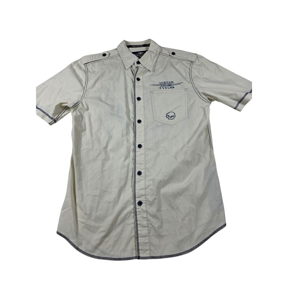 Harley-Davidson‎ Motorcycles Button Shirt Mens M Medium White Embroidered 1903